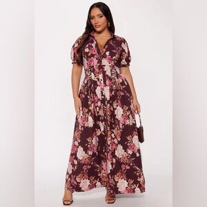 Fashion Nova Burgundy and Pink Floral Maxi Dress